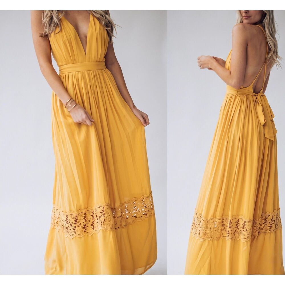 Dress Day Mustard Yellow Deep V Open-Back Crochet Lace Maxi Dress Size M